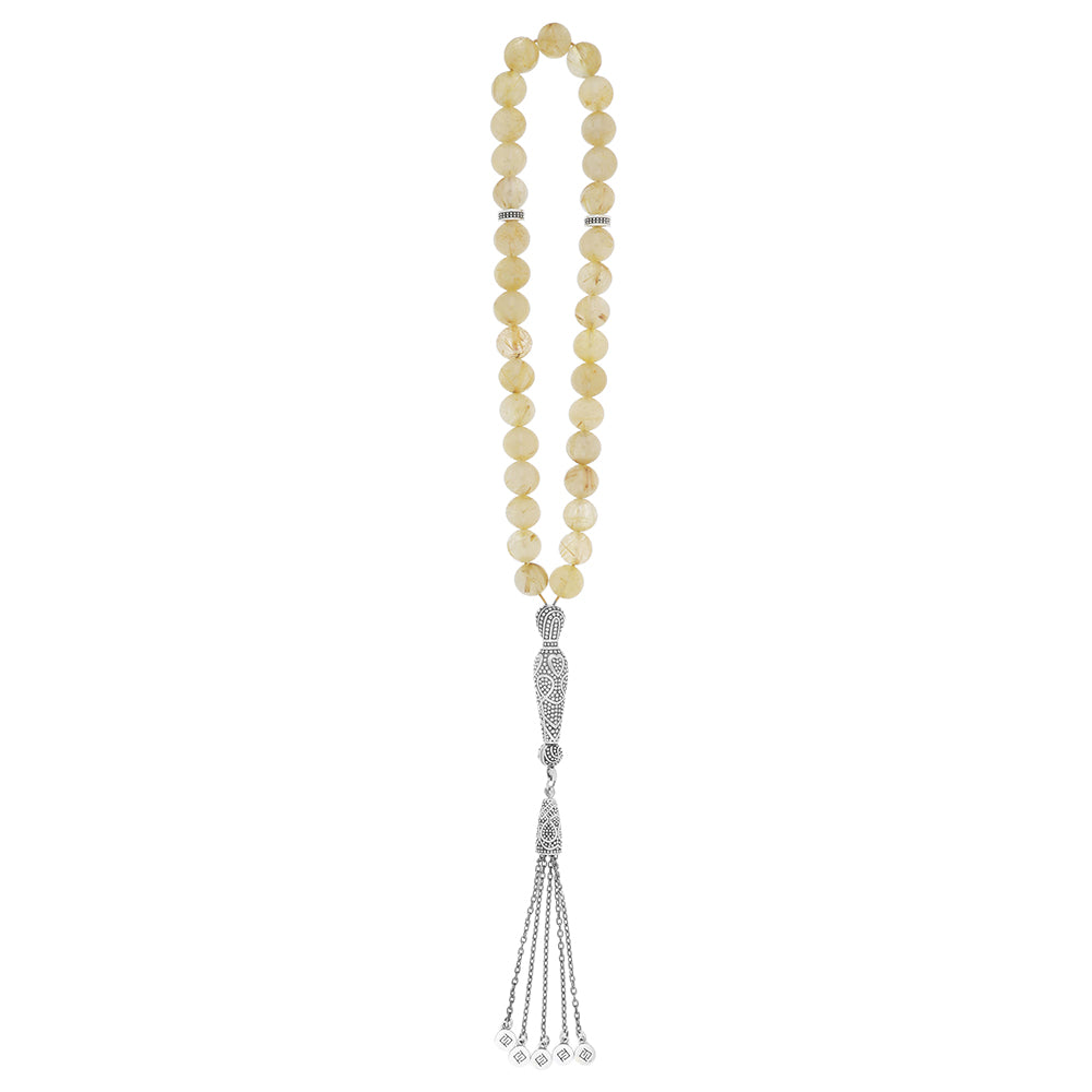 Rosary 33 Natural Rutile Round Bead 11 mm With Oxidized Silver 925 Set