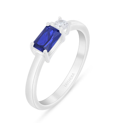 Sterling Silver 925 Ring Rhodium Plated Embedded With Sapphire Corundum And White Zircon