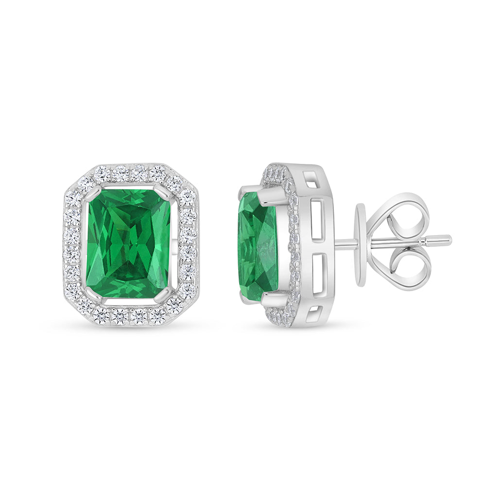 Sterling Silver 925 Earring Rhodium Plated Embedded With Emerald Zircon And White Zircon