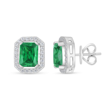 Sterling Silver 925 Earring Rhodium Plated Embedded With Emerald Zircon And White Zircon