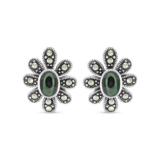 Sterling Silver 925 Earring Embedded With Natural Blue Shell And Marcasite Stones