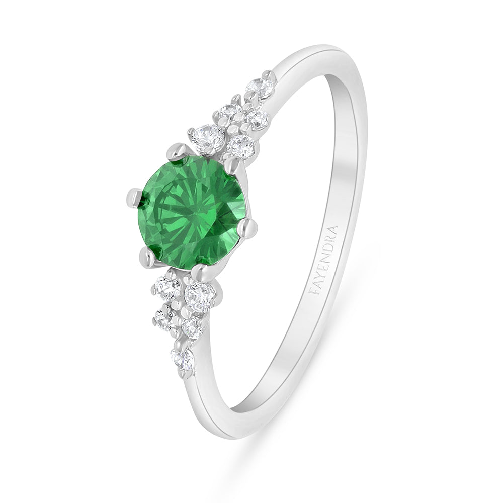 Sterling Silver 925 Ring Rhodium Plated Embedded With Emerald Zircon And White Zircon
