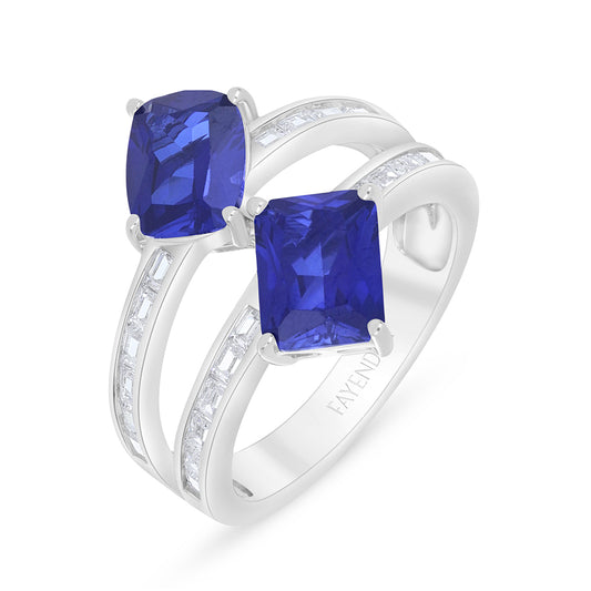 Sterling Silver 925 Ring Rhodium Plated Embedded With Sapphire Corundum And White Zircon