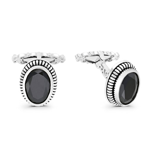 Sterling Silver 925 Cufflink Rhodium And Black Plated Embedded With Black Spinal Stone
