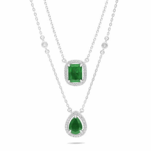 Sterling Silver 925 Necklace Rhodium Plated Embedded With Emerald Zircon And White Zircon