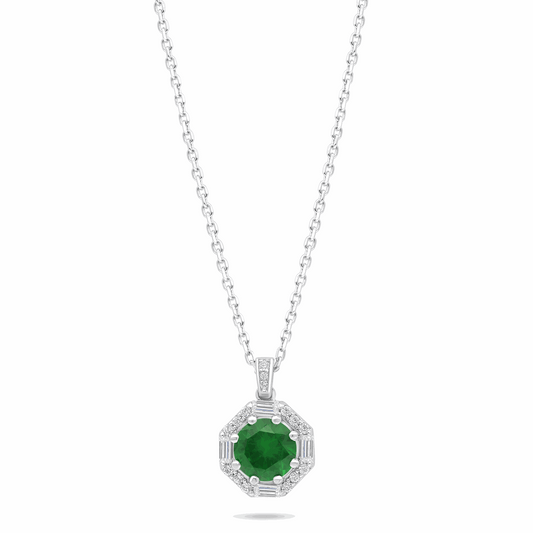 Sterling Silver 925 Necklace Rhodium Plated Embedded With Emerald Zircon And White Zircon