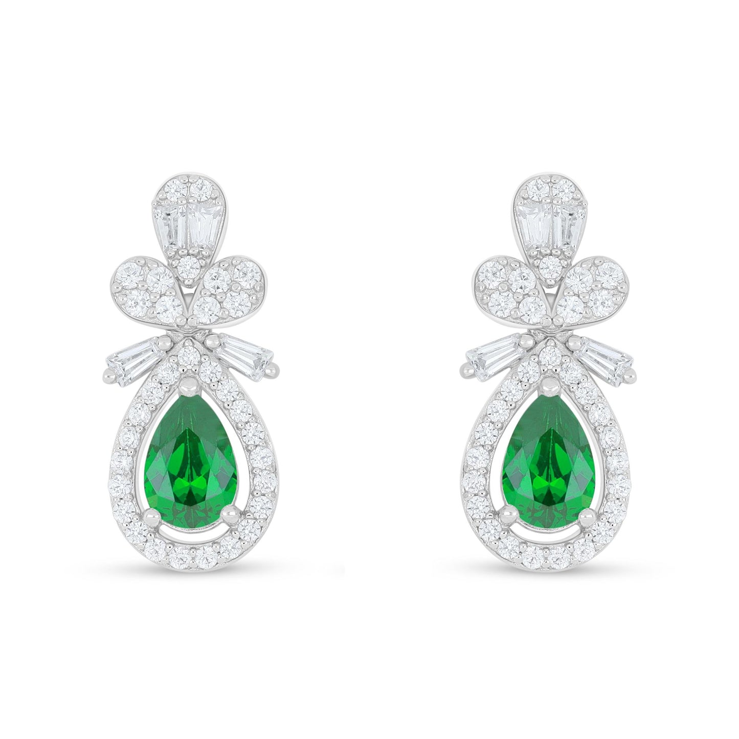 Sterling Silver 925 Earring Rhodium Plated Embedded With Emerald Zircon And White Zircon
