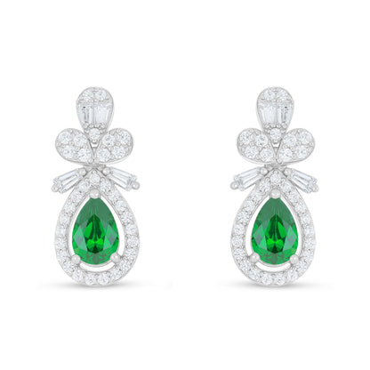 Sterling Silver 925 Earring Rhodium Plated Embedded With Emerald Zircon And White Zircon