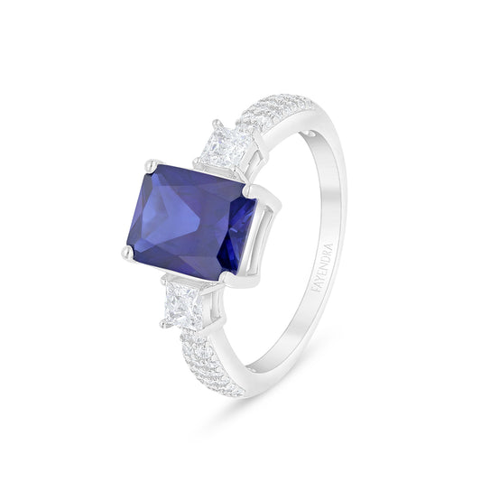 Sterling Silver 925 Ring Rhodium Plated Embedded With Sapphire Corundum And White Zircon