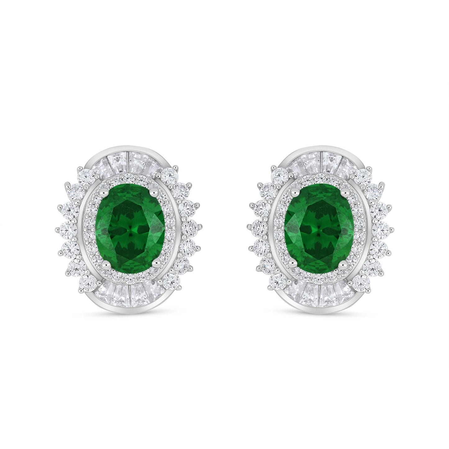 Sterling Silver 925 Earring Rhodium Plated Embedded With Emerald Zircon And White Zircon