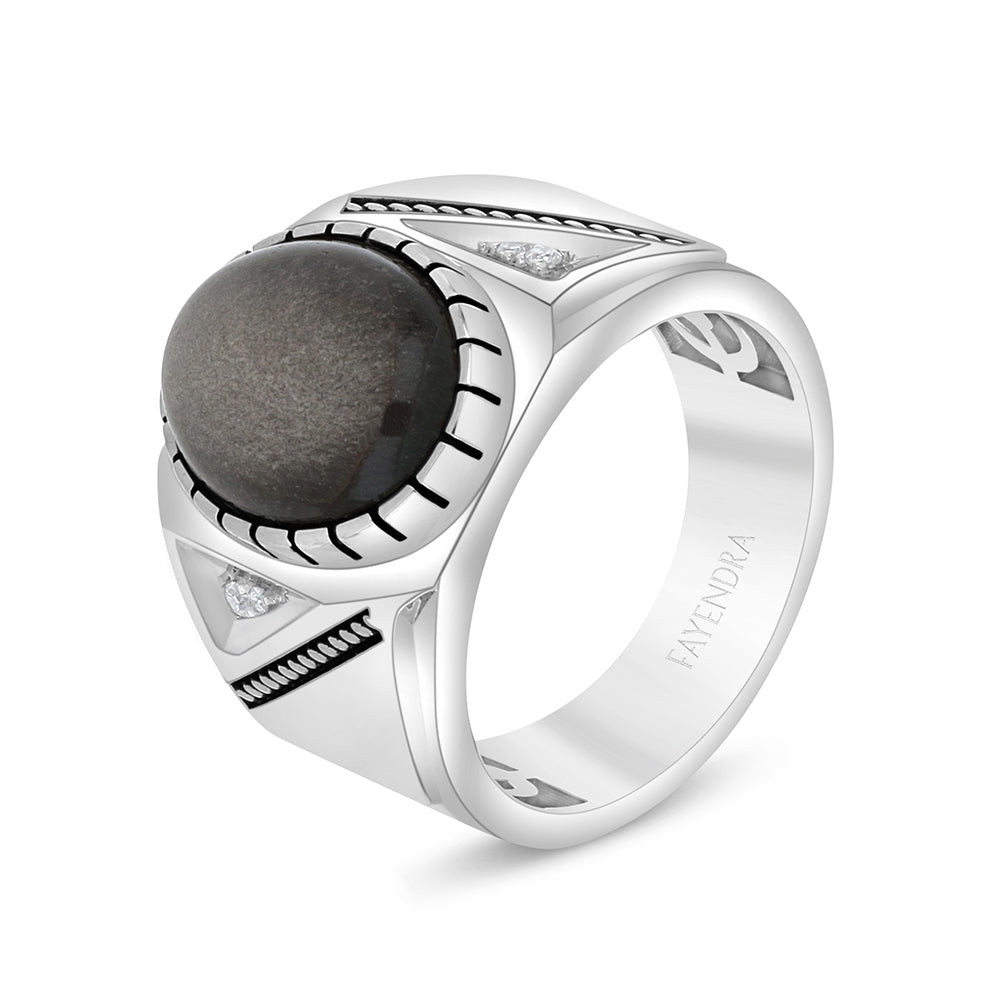 Sterling Silver 925 Ring Rhodium And Black Plated Embedded With Cabochon Obsidian And White Zircon For Men