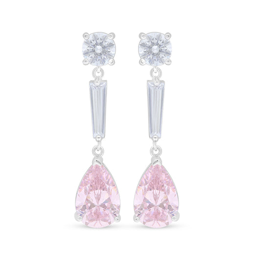 Sterling Silver 925 Earring Rhodium Plated Embedded With Pink Zircon And White Zircon