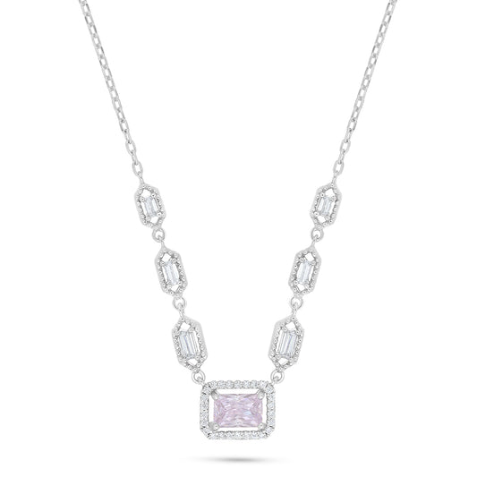 Sterling Silver 925 Necklace Rhodium Plated Embedded With Pink Zircon And White Zircon
