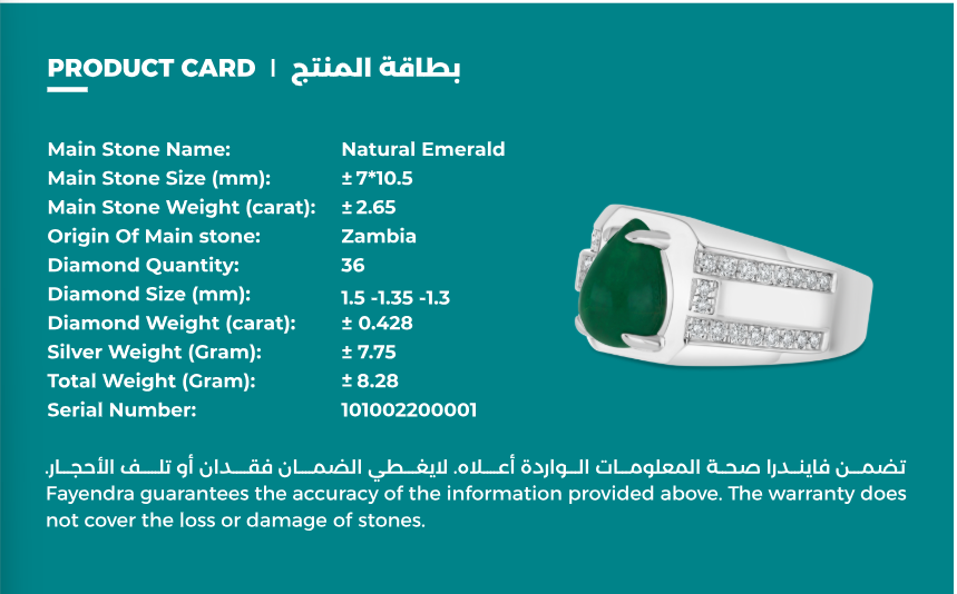 Sterling Silver 925 Men Ring Rhodium Plated Embedded With Natural Emerald And Natural Diamond (CVD)