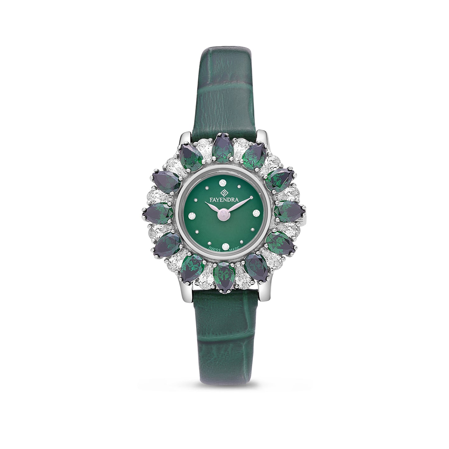 Stainless Steel 316 Watch Silver Color Green Leather Embedded With Emerald Zircon And White Zircon - GREEN MOP DIAL
