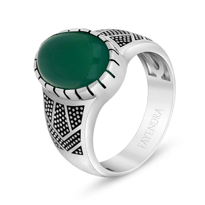 Sterling Silver 925 Ring Rhodium And Black Plated Embedded With Cabochon Green Agate For Men