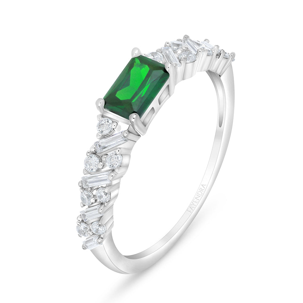 Sterling Silver 925 Ring  Rhodium Plated Embedded With Emerald Zircon And White Zircon