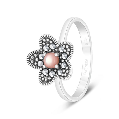 Sterling Silver 925 Ring Embedded With Natural Pink Shell And Marcasite Stones