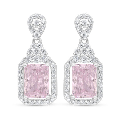 Sterling Silver 925 Earring Rhodium Plated Embedded With Pink Zircon And White Zircon