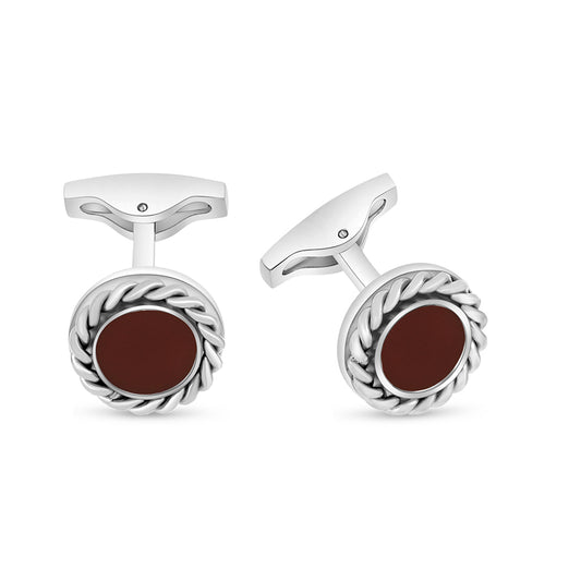 Stainless Steel Cufflink 316L Silver Color Embedded With Red Agate Shiny Steel