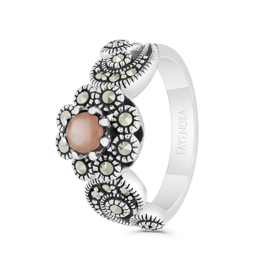 Sterling Silver 925 Ring Embedded With Natural Pink Shell And Marcasite Stones