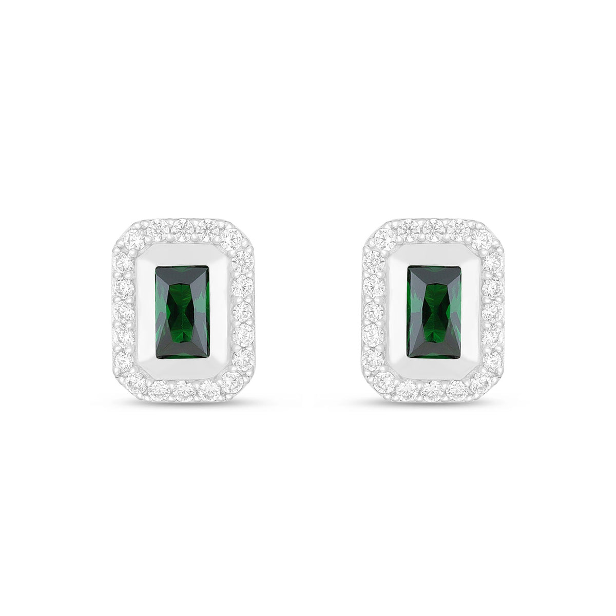 Sterling Silver 925 Earring Rhodium Plated Embedded With Emerald Zircon And White Zircon