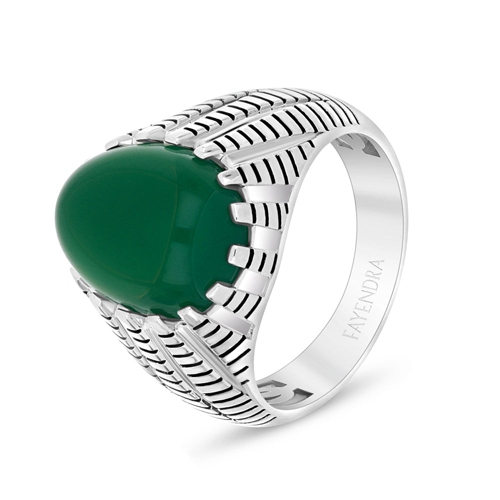 Sterling Silver 925 Ring Rhodium And Black Plated Embedded With Cabochon Green Agate For Men