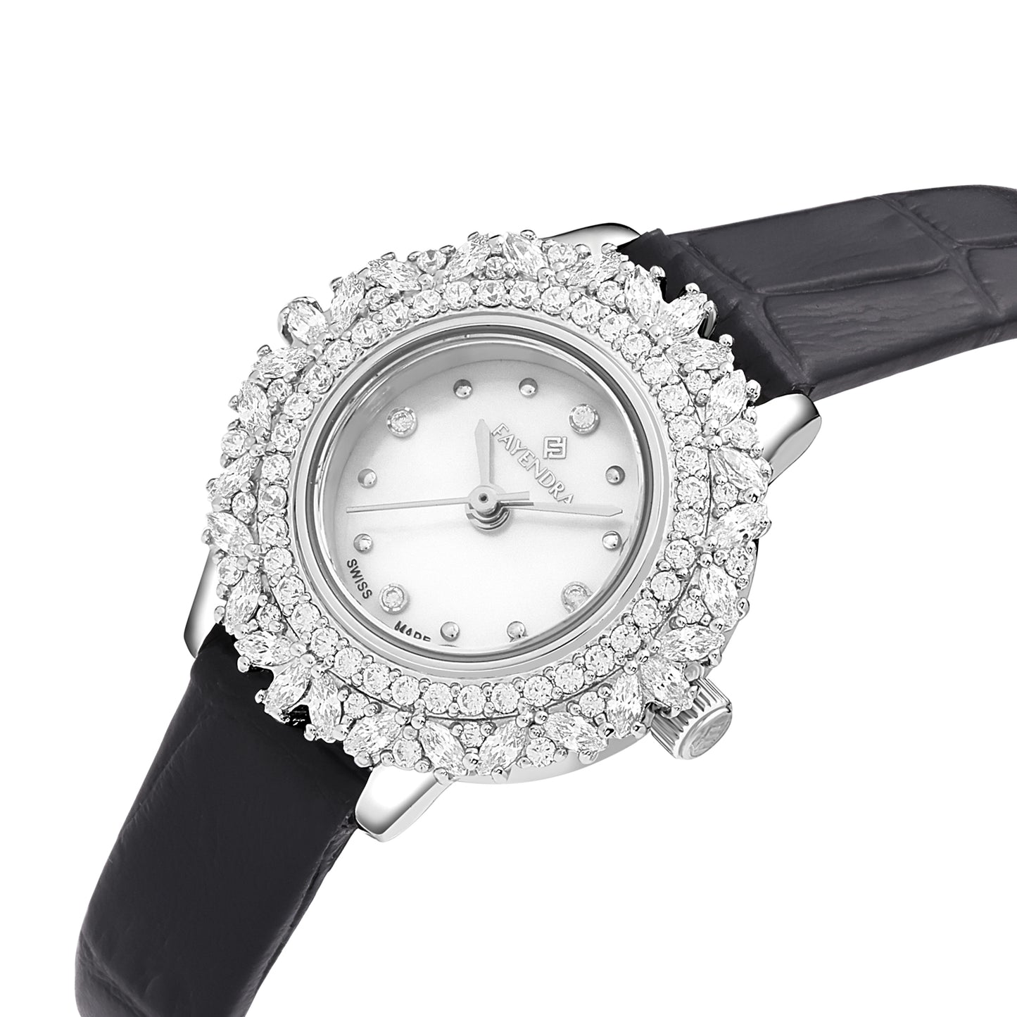 Stainless Steel 316 Watch Silver Color Black Leather Embedded With White Zircon - WHITE MOP DIAL