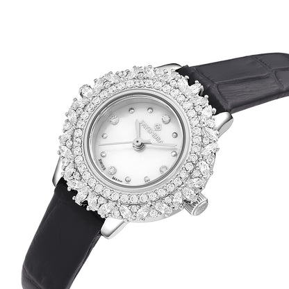 Stainless Steel 316 Watch Silver Color Black Leather Embedded With White Zircon - WHITE MOP DIAL
