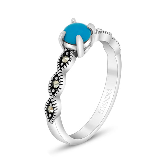 Sterling Silver 925 Ring Embedded With Natural Processed Turquoise And Marcasite Stones