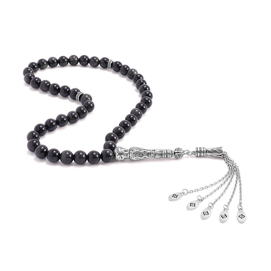 سبحة 45  اوبسديم ملون بيلية 8 مم طقم ستانلس ستيل عيار 316L مطلى فضي واسود