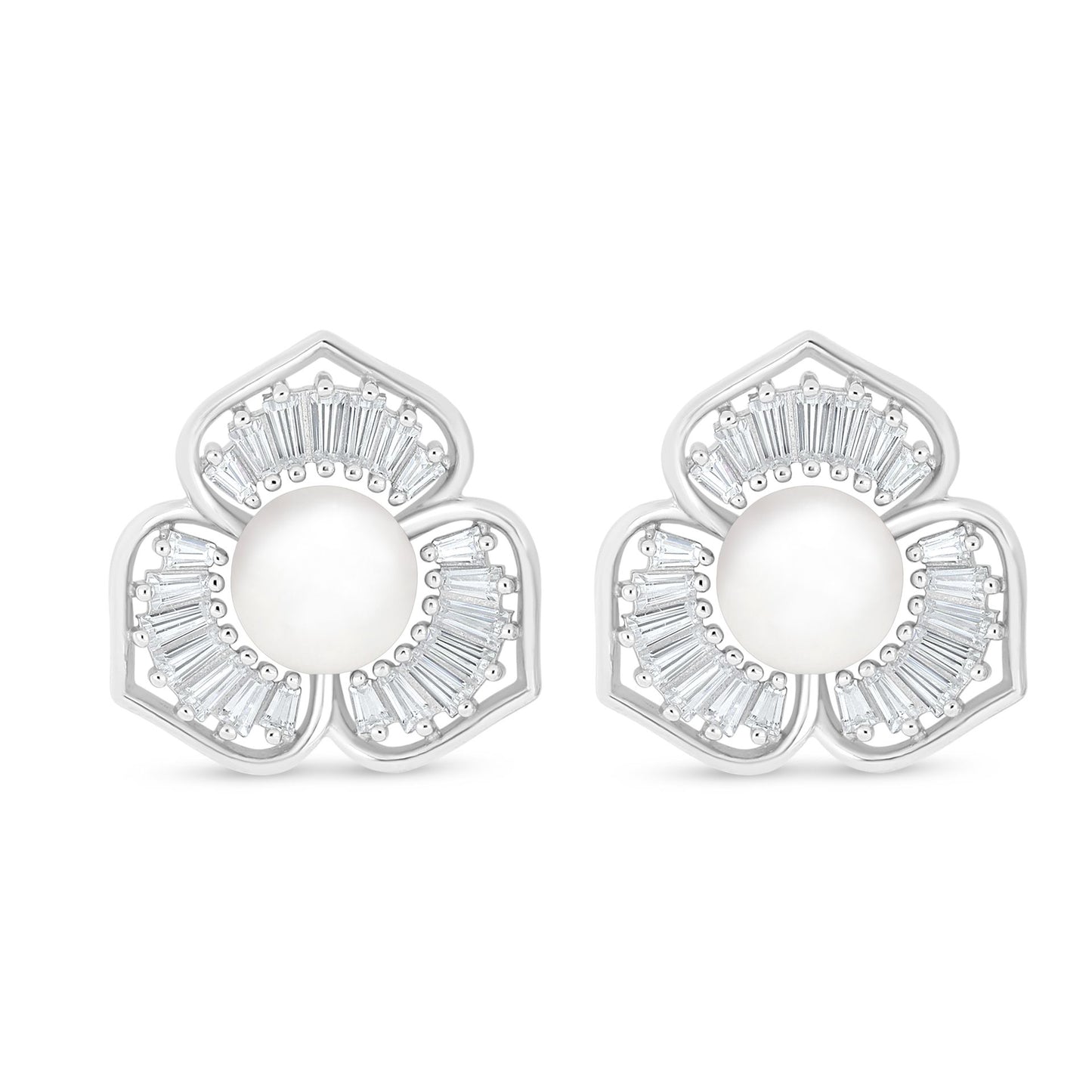 Sterling Silver 925 Earring Rhodium Plated Embedded With Natural White Pearl And White Zircon