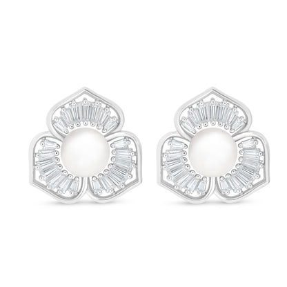 Sterling Silver 925 Earring Rhodium Plated Embedded With Natural White Pearl And White Zircon