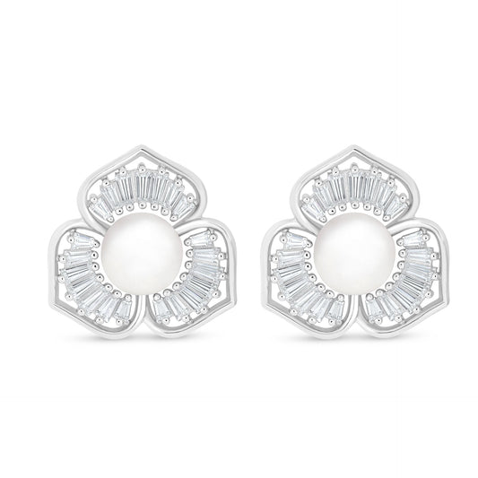 Sterling Silver 925 Earring Rhodium Plated Embedded With Natural White Pearl And White Zircon