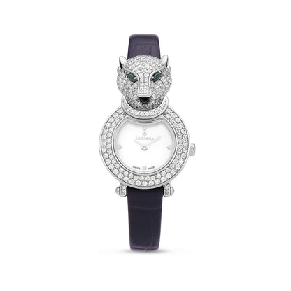 Stainless Steel 316L Watch Silver Color Black Leather Embedded With Emerald Zircon And White Zircon - WHITE MOP DIAL