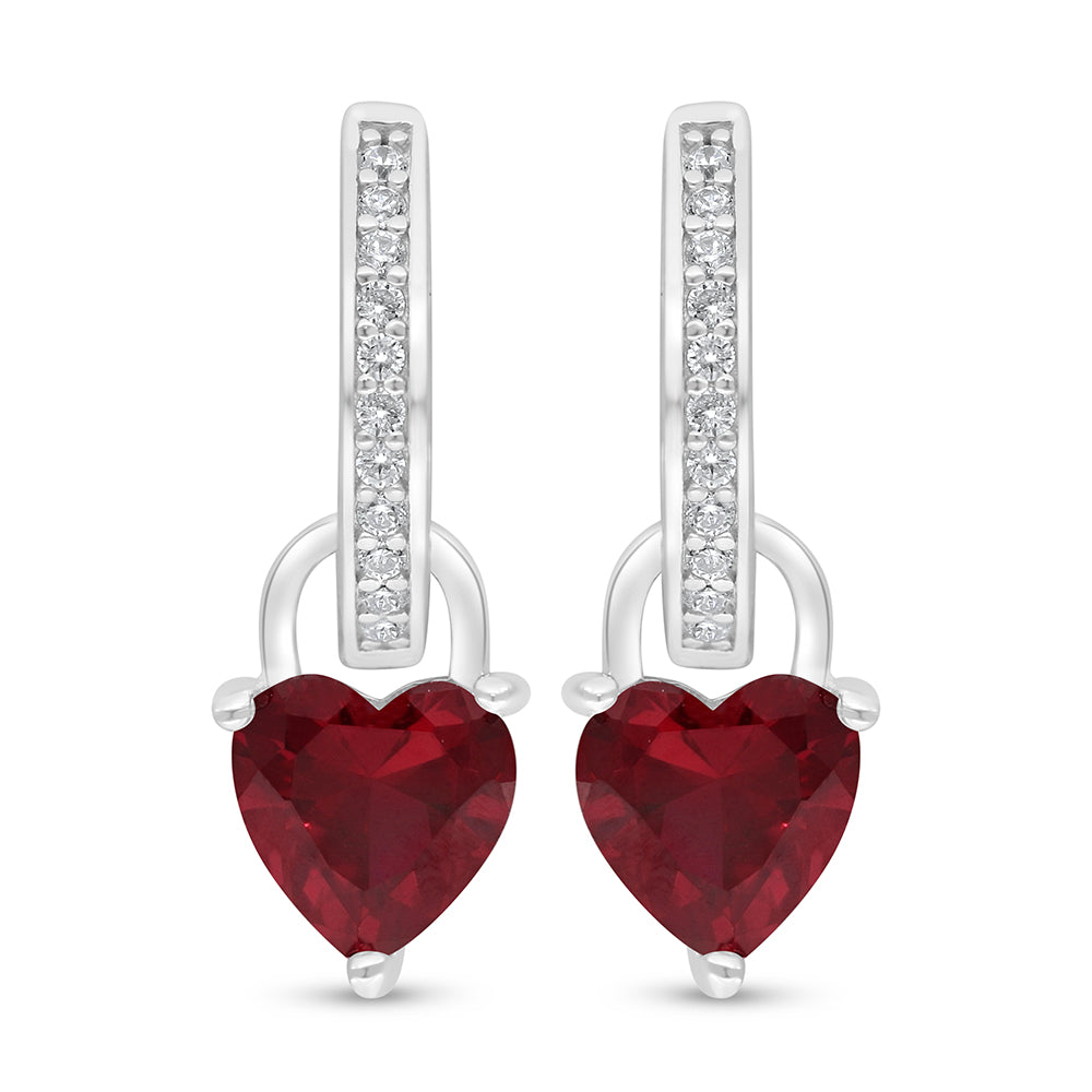 Sterling Silver 925 Earring Rhodium Plated Embedded With Ruby Corundum And White Zircon