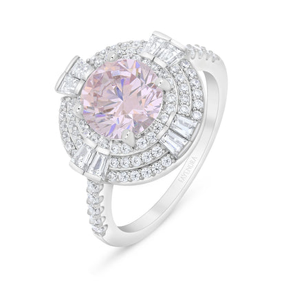 Sterling Silver 925 Ring Rhodium Plated Embedded With Pink Zircon And White Zircon