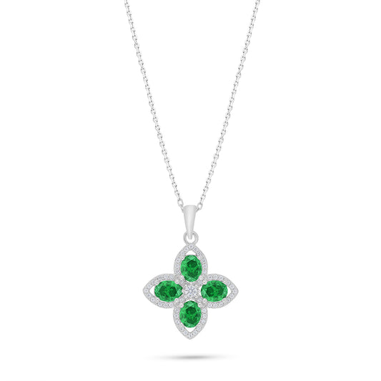 Sterling Silver 925 Necklace Rhodium Plated Embedded With Emerald Zircon And White Zircon