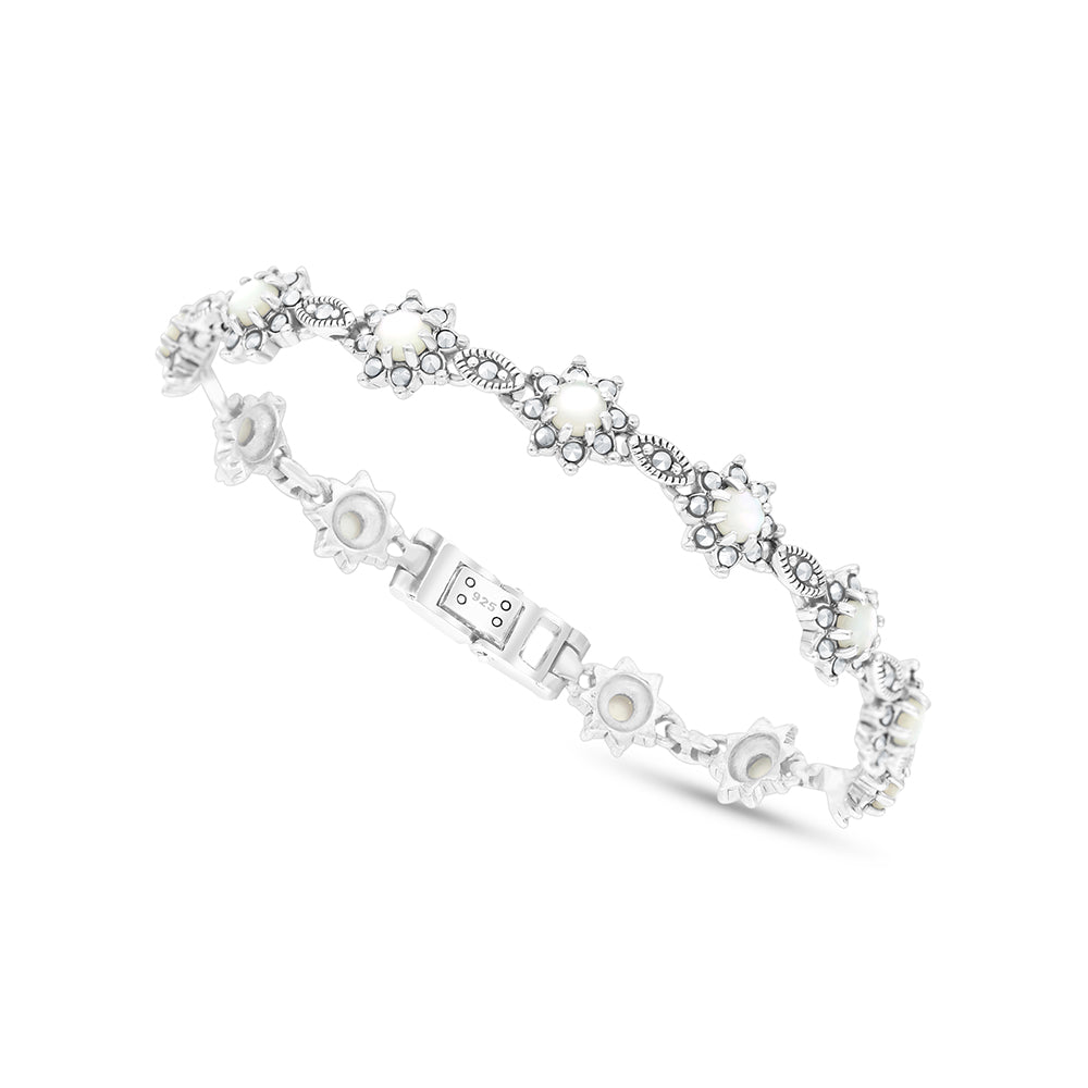 Sterling Silver 925 Set Embedded With Natural White Shell And Marcasite Stones