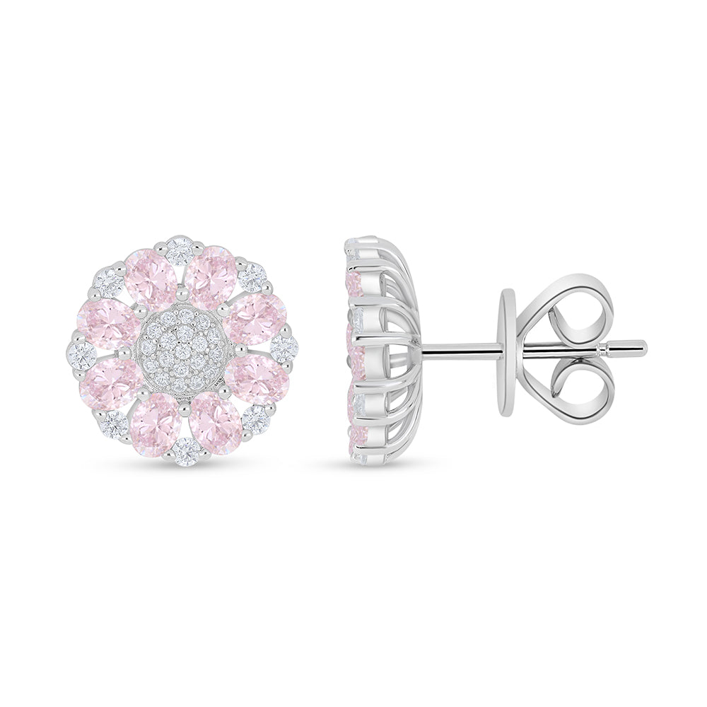 Sterling Silver 925 Earring Rhodium Plated Embedded With pink Zircon And White Zircon