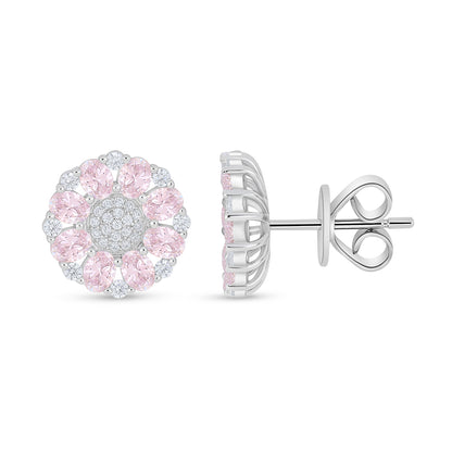 Sterling Silver 925 Earring Rhodium Plated Embedded With pink Zircon And White Zircon