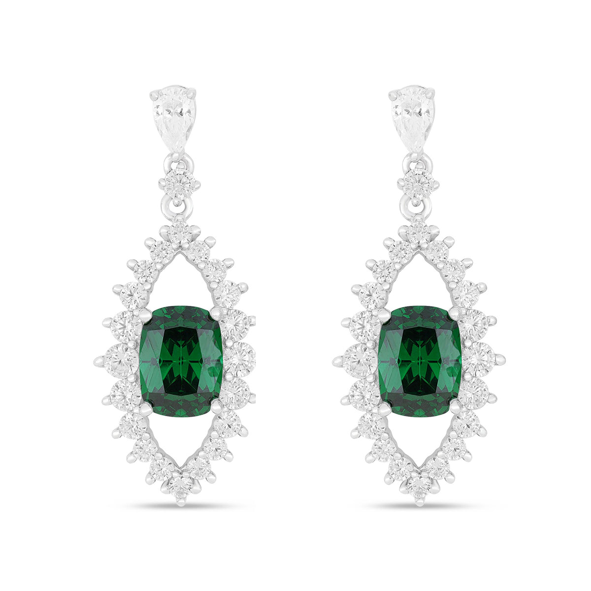 Sterling Silver 925 Earring Rhodium Plated Embedded With Emerald Zircon And White Zircon