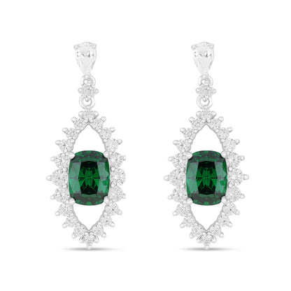 Sterling Silver 925 Earring Rhodium Plated Embedded With Emerald Zircon And White Zircon