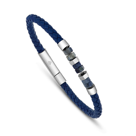 اسورة رجالي ستانلس ستيل عيار 316L و 304L لون فضي جلد ازرقBlue-Veins Stone  