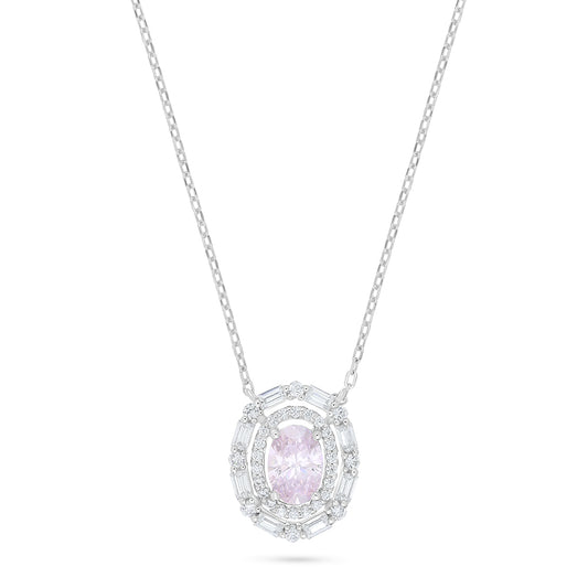 Sterling Silver 925 Necklace Rhodium Plated Embedded With Pink Zircon And White Zircon