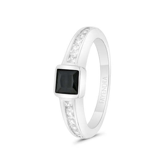Sterling Silver 925 Ring Rhodium Plated Embedded With Black Onyx Spinal White CZ For Men