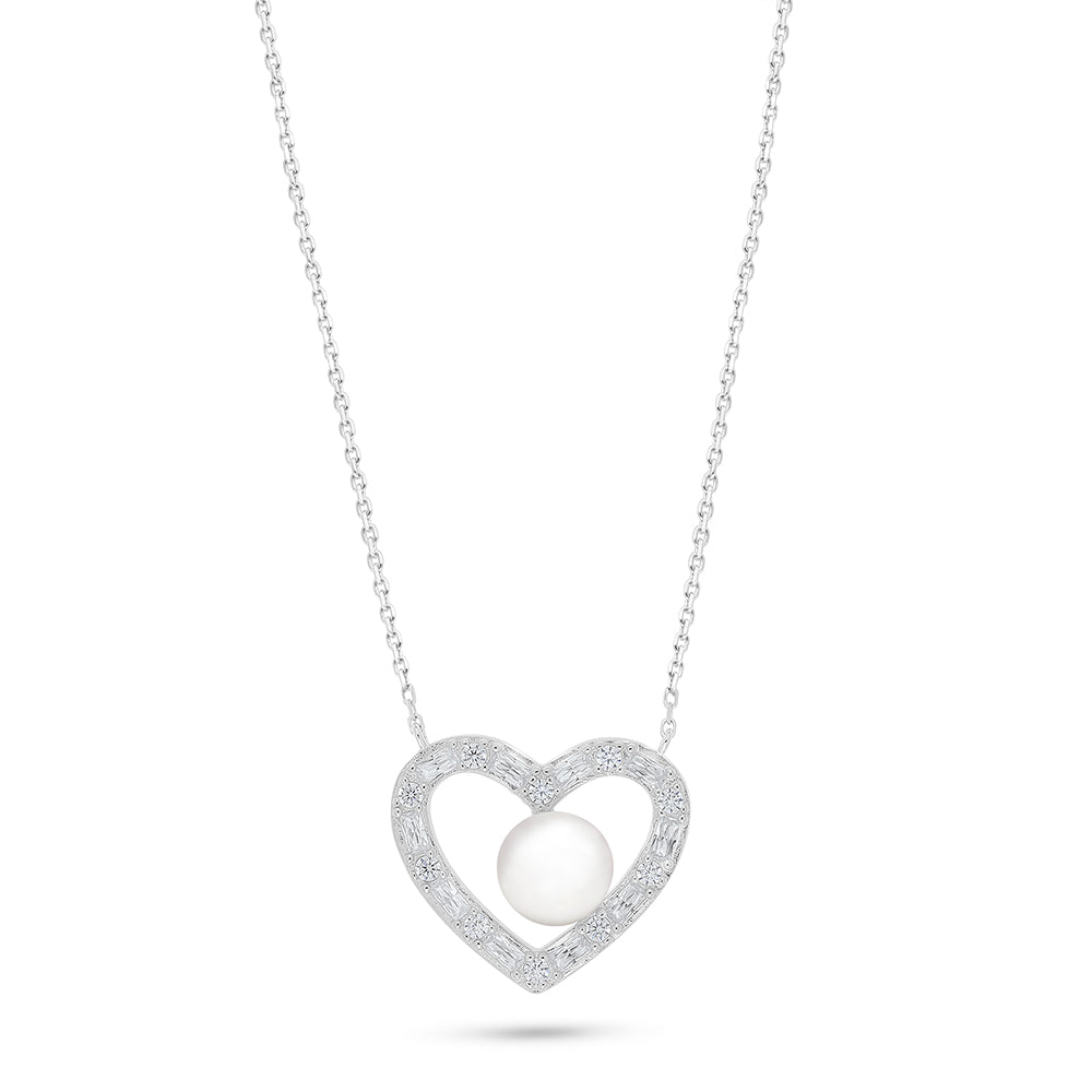 Sterling Silver 925 Necklace Rhodium Plated Embedded With Natural White Pearl And White Zircon