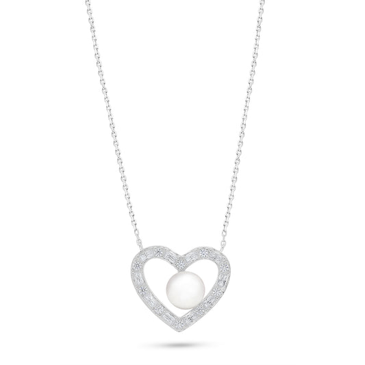 Sterling Silver 925 Necklace Rhodium Plated Embedded With Natural White Pearl And White Zircon