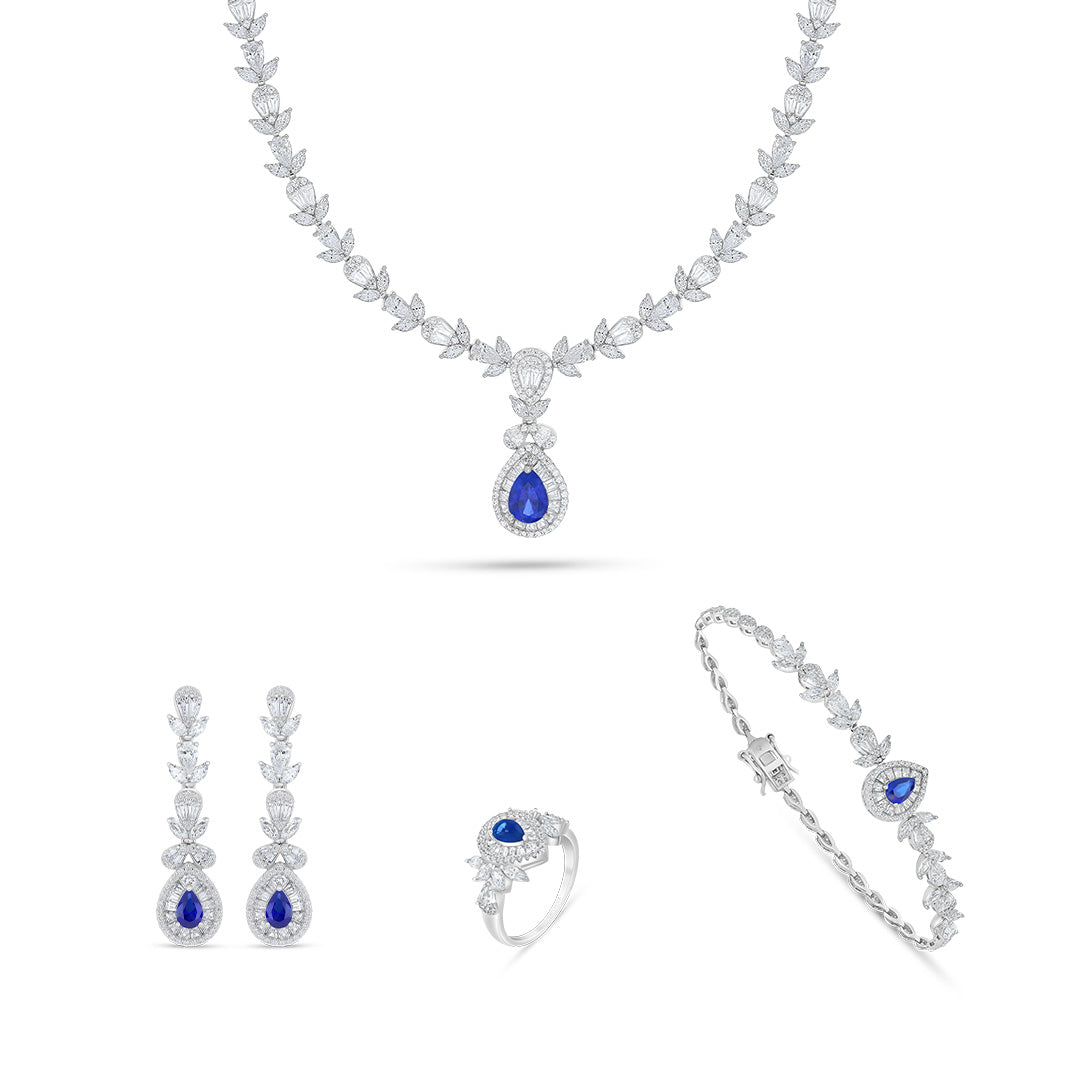Sterling Silver 925 Set Rhodium Plated Embedded With Sapphire Corundum And White Zircon
