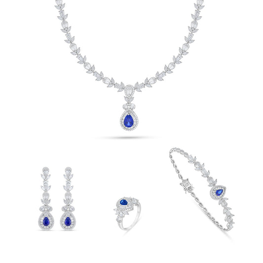 Sterling Silver 925 Set Rhodium Plated Embedded With Sapphire Corundum And White Zircon